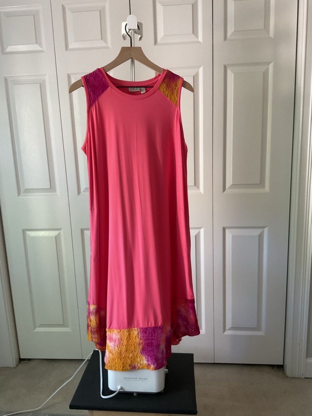 LOGO  Women’s coral Sleeveless Shift Dress with Color-Block eyelet lace Hem